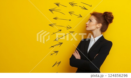 Businesswoman standing with crossed arms, contemplating various career paths represented by arrows pointing in different directions, highlighting decision making, choices, and career opportunities Businesswoman standing with crossed arms, contemplating various career paths represented by arrows pointing in different directions, highlighting decision making, choices, and career opportunities 124856296