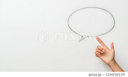 Hand with index finger pointing at an empty speech bubble on a white background, suggesting a need for communication or expression of thoughts 124856334