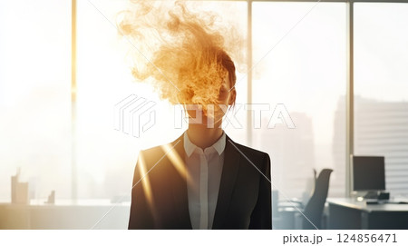 Businesswoman in a suit stands in a sunlit modern office with orange smoke billowing from her head, symbolizing an overload of information, stress, or a creative outburst 124856471