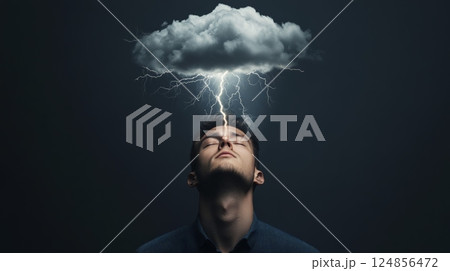 Lightning is striking the head of a businessman from a dark cloud hovering above him, symbolizing a sudden idea, brainstorming, or a moment of inspiration 124856472