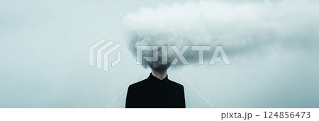 Businessman exploding with information overload and stress is having a burnout and suffering from a migraine, experiencing dementia and losing his mind 124856473