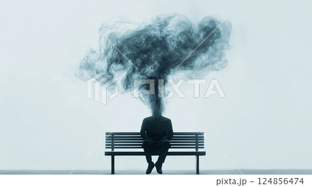 Surreal image depicting a man sitting on a bench with dark smoke billowing from his head, symbolizing stress, information overload, burnout, and mental health challenges 124856474