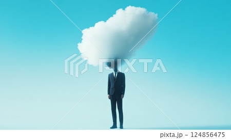 Surreal image of a businessman with a cloud for a head, representing information overload, stress, and the challenges of modern work life leading to burnout 124856475