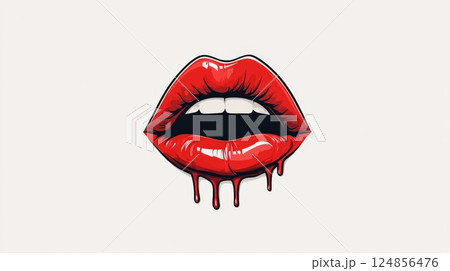 Sensual red lips are slightly open, showing white teeth and dripping with glossy red lipstick, creating a stylish and seductive image on a minimalist white background 124856476