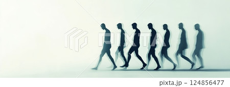 Multiple silhouette images of a man walking representing the concept of fobo - fear of better option - and job insecurity, causing decision making fear 124856477