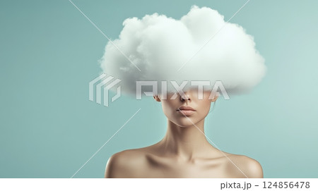 Studio portrait of a young woman with a cloud covering her eyes, creating a surreal and thought provoking image about abstract thinking, information overload, and mental states 124856478