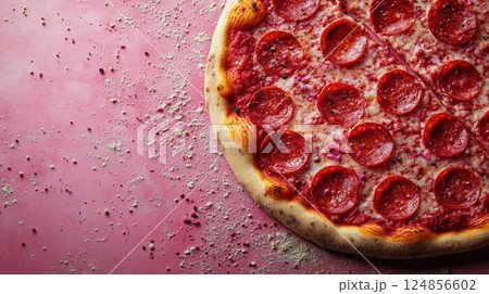Freshly baked pepperoni pizza on pink table ready to serve at a casual dining setting 124856602