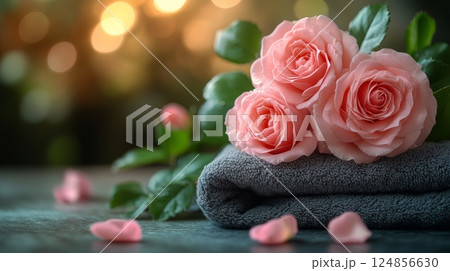 Soft pink roses on a gray towel with scattered petals in a warm, peaceful setting 124856630