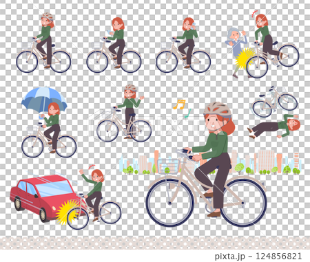 Set of red-haired woman riding a city bike 124856821