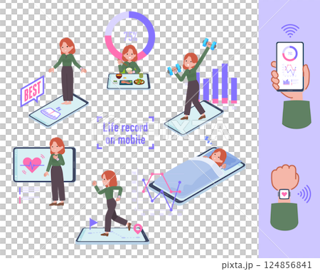 Set of red-haired women managing their behavior and health with their smartphones Set of red-haired women managing their behavior and health with their smartphones 124856841