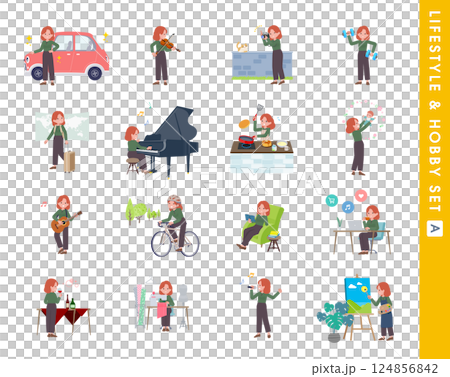 趣味とライフスタイルに関する赤髪女性のセット。Aタイプ 124856842