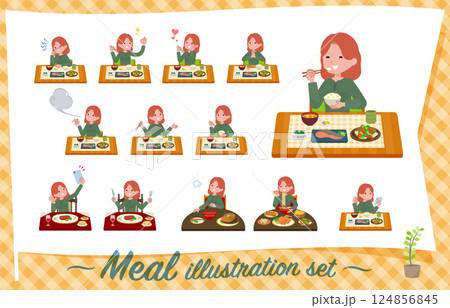 食事に関する赤髪女性のセット 124856845