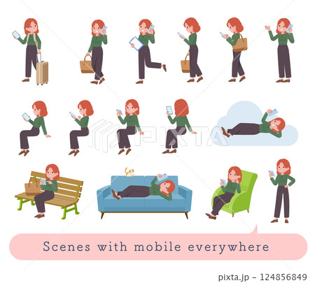 色々なシーンでスマホを使う赤髪女性のセット 色々なシーンでスマホを使う赤髪女性のセット 124856849