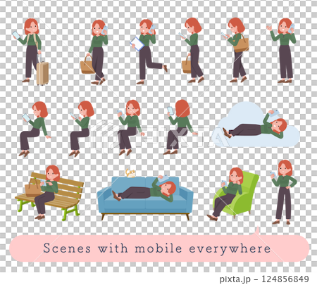 一群紅髮女性在各種場景中使用智慧型手機 124856849