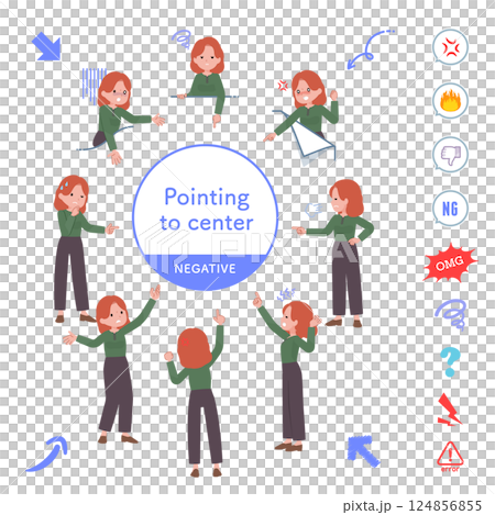 Set of red-haired women pointing in various directions 124856855