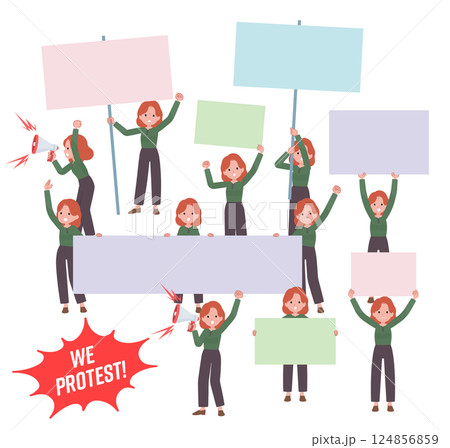 デモ抗議をする赤髪女性のセット 124856859