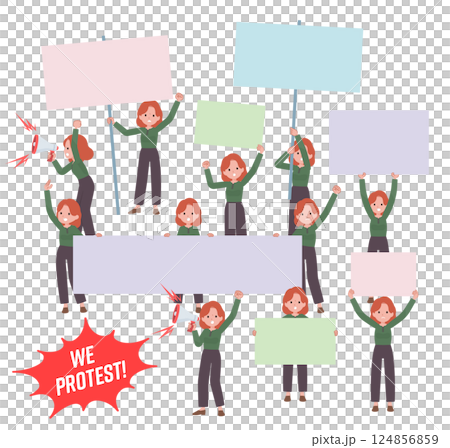 デモ抗議をする赤髪女性のセット 124856859