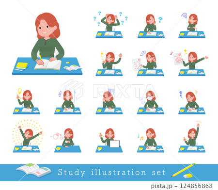 勉強に関する赤髪女性のセット 124856868