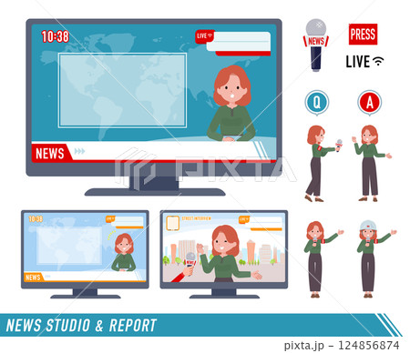 ニュース番組に出演する赤髪女性のセット 124856874