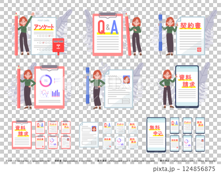 一套各種文件和紅頭髮的女人 124856875