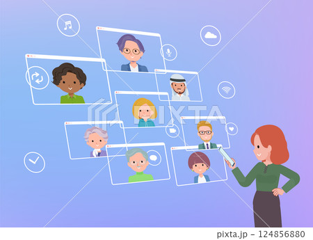 スマートフォンを使ってオンラインコミュニケーションをとっている赤髪女性のセット 124856880