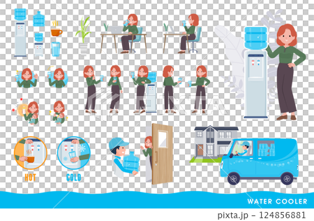 A set of a water server and a red-haired woman. Easy to edit vector art. 124856881