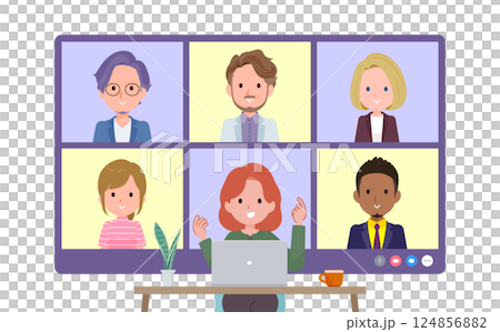 A set of red-haired women having an online meeting with multiple people. Front angle 124856882