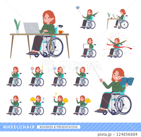 車椅子に乗る赤髪女性のセット 124856884