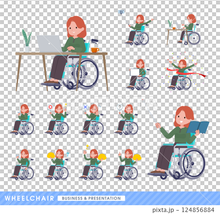 車椅子に乗る赤髪女性のセット 124856884