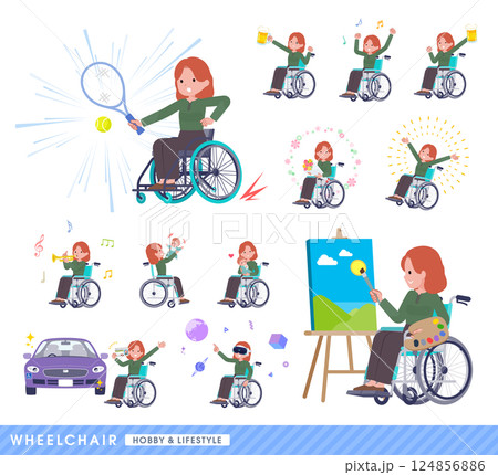 車椅子に乗る赤髪女性のセット 124856886
