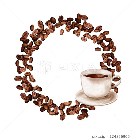 Coffee in white cup. Hand-drawn wreath or round frame of roasted beans. Illustration on white background 124856906