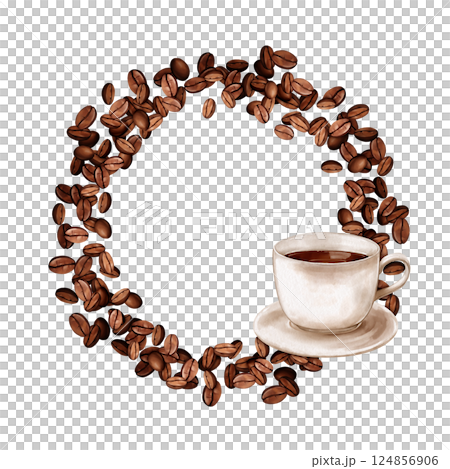 Coffee in white cup. Hand-drawn wreath or round frame of roasted beans. Illustration on white background 124856906