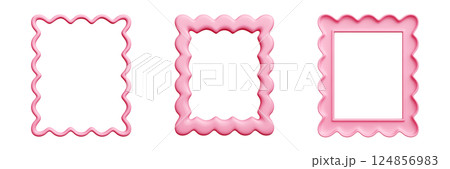 Scallop frame border set - pink 3d featuring wavy shell-inspired edges. Curvy rectangular outlines with ruffled trim in feminine hue. Charm, whimsy ornamental flourishes for greeting card, invitation 124856983