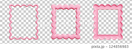Scallop frame border set - pink 3d featuring wavy shell-inspired edges. Curvy rectangular outlines with ruffled trim in feminine hue. Charm, whimsy ornamental flourishes for greeting card, invitation 124856983