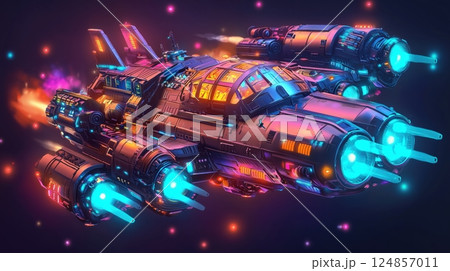 レトロフューチャーな光る宇宙戦艦の3Dイラスト 124857011