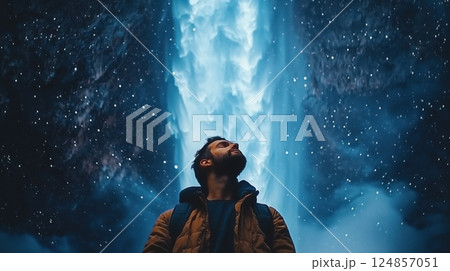 青い宇宙滝と男性の幻想的な出会い 124857051