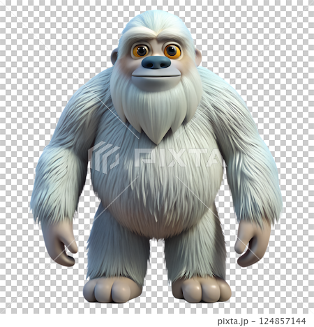 Adorable friendly yeti cartoon character smiling, cute and fluffy mythical creature, playful bigfoot design, whimsical winter monster 124857144
