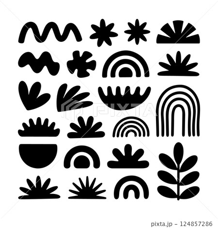 Boho Abstract Square Collage with Nature Motifs. A square boho abstract collage composed of hand-drawn organic symbols. 124857286