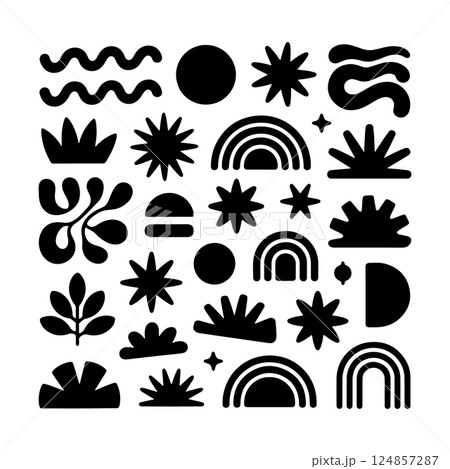 Boho Abstract Square Collage with Nature Motifs. A square boho abstract collage composed of hand-drawn organic symbols. 124857287