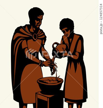 Vector drawing. Pilat washes his gands 124857314