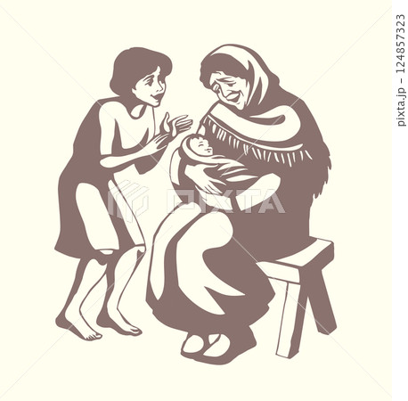 Vector drawing. Mother with baby 124857323