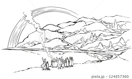 Vector drawing. Noah Offers a Sacrifice to God 124857360