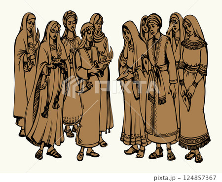 Vector drawing. 10 girls with lamps 124857367