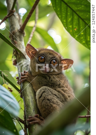 Adorable philippine tarsier with big round eyes clinging to a tree branch in its lush green natural rainforest habitat Adorable philippine tarsier with big round eyes clinging to a tree branch in its lush green natural rainforest habitat 124857447