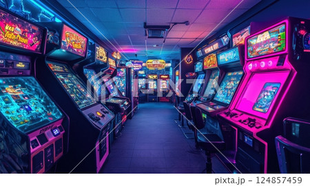 ネオンが照らすレトロゲームセンターの内部 124857459