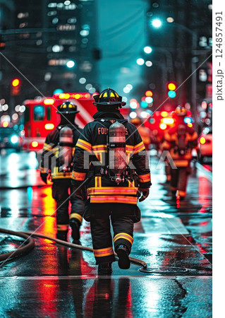 911. Firefighters at work against the backdrop of a raging flame. Powerful images showcasing firefighters in action, fearlessly combating fires to protect lives and property. 124857491