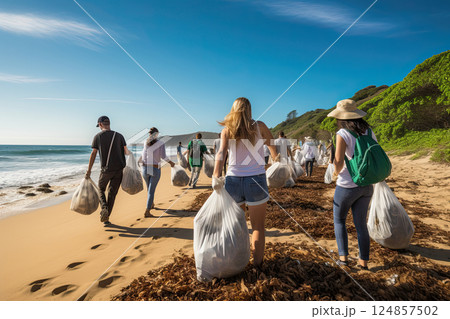 Eco volunteers people cleaning beach from plastic. People working in team aware of the pollution produced by the plastic industry. 124857502