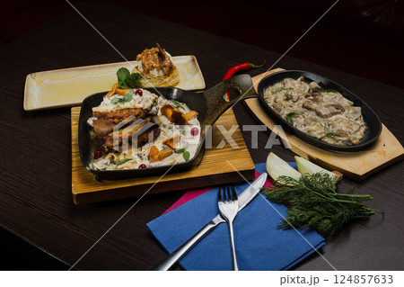 Set of potato pancakes with mushrooms, meat in 124857633