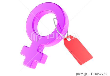 Female Gender Symbol with Red Sale Tag, 3D rendering 124857750