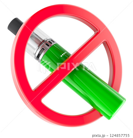 No vaping concept. Forbidden sign with Vape Pen, Electronic Cigarette. 3D rendering No vaping concept. Forbidden sign with Vape Pen, Electronic Cigarette. 3D rendering 124857755